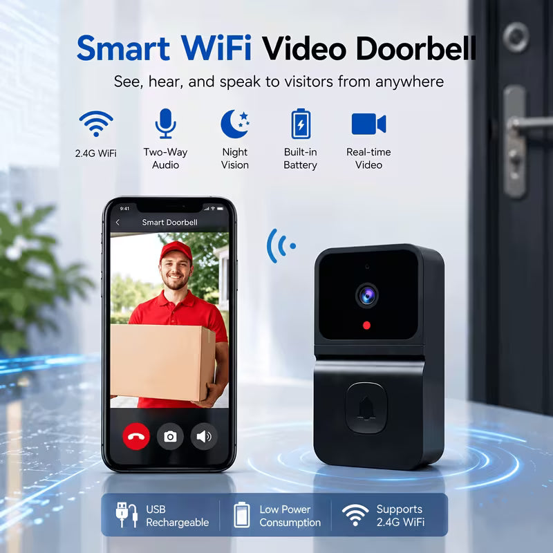 1pc Smart WiFi Doorbell with Wireless Security System, Wireless Smart Video Intercom Suitable for /Office, USB Rechargeable Battery- Doorbell System, App-Controlled Night Vision & 2-Way Audio, Cloud Recording (No SD Card)