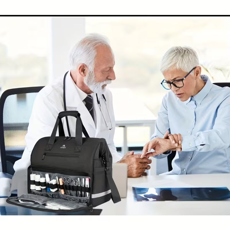 Large Medical Bag That Is Water-Resistant, Featuring Multiple Pockets for Nursing Purposes. This Portable Clinical Bag Is Ideal for Home Health Visits And Makes a Great Gift for Doctors And Nurses. Available in Black