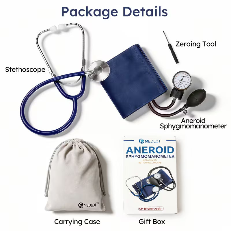 Aneroid Sphygmomanometer with Stethoscope, Professional Manual Blood Pressure Monitor Adult Sized BP Cuff (10"-16"), Case Included, Navy