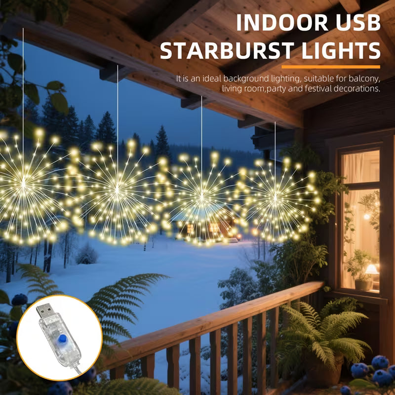 Usb-Powered Fireworks Lights with 8 Modes, Smart Hanging Light Strips, 180/360 LED Starburst Ball String Lights, Perfect for Porches, Patios, Gardens, Indoor And Outdoor Areas, Weddings, And Christmas