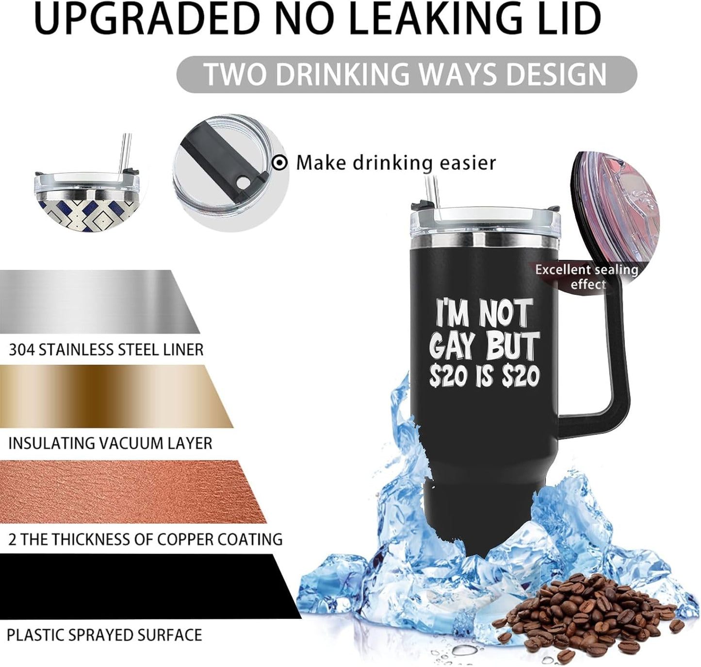 Tumbler 40 oz I'm Not Gay But $20 is $20 Tumblers Stainless Steel Insulated Tumbler 40 oz with Lid Insulated Tumblers Coffee Travel Tumbler Cup Birthday Gifts for Men