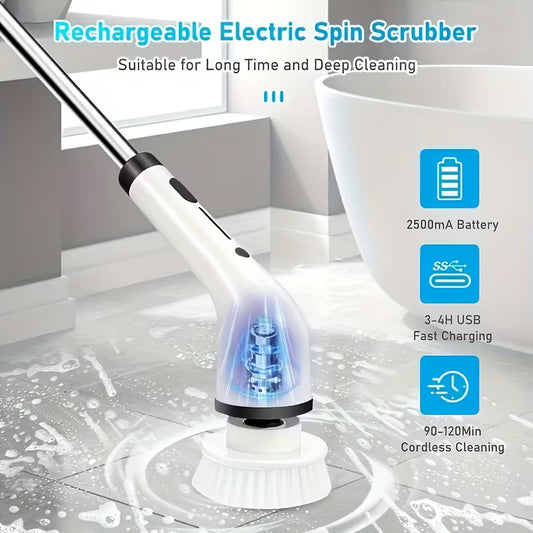 2026 Electric Spin Scrubber | Dual Adjustable Speeds | Cordless | Adjustable & Detachable Handle | 8 Replaceable Brush Heads | Up to 300/400RPM | for Floor, Bathroom, Tub, Tile
