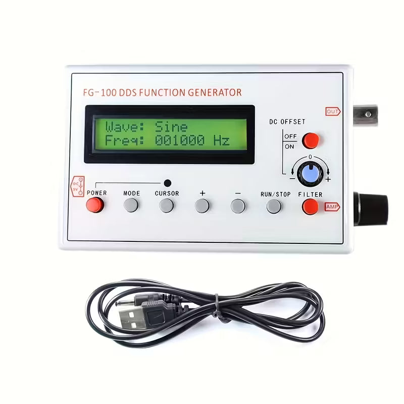 FG-100 DDS Signal Generator with Frequency Counter - 1Hz to 500KHz, Sine/Square/Triangle/Sawtooth Waveforms, USB Powered, Portable Design for Electronics Testing, Signal Source Module