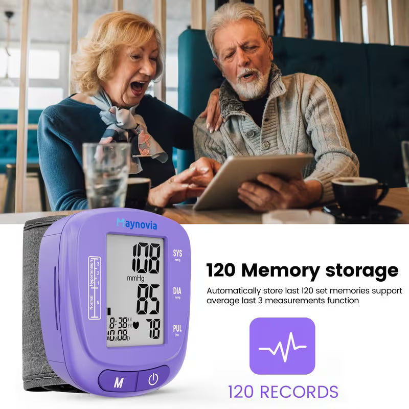 Maynovia Wrist Blood Pressure Monitor, Oximeter Fingertip, Home Medical Products, Digital Blood Pressure Monitor, Fully Automatic Home Hypertension Machine with Adjustable Cuff, Supports 120 Reading Memories, Comes with Portable Case And Battery