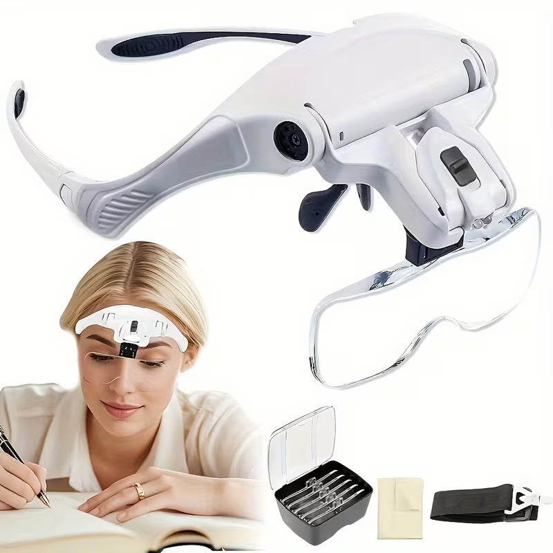 Head-Mounted Magnifier with LED Illumination, Model Making Magnifier. Adjustable Headband, 5 Interchangeable Lenses 1.0X/ 1.5X/ 2.0X/ 2.5X/ 3.5X for Reading, Maintenance, Jewelry Processing, Electronics Maintenance