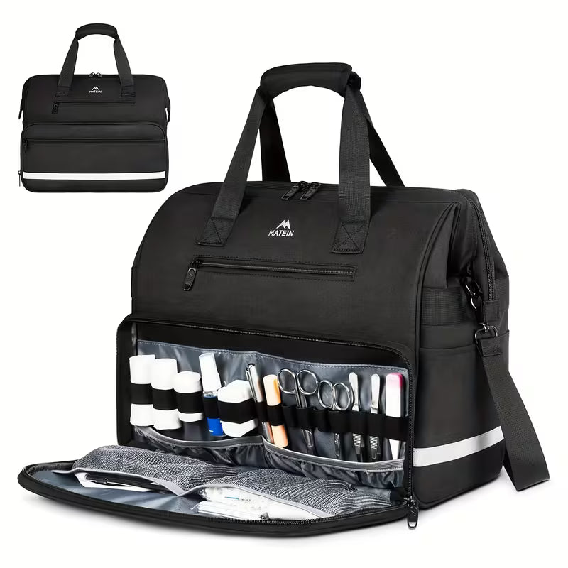 Large Medical Bag That Is Water-Resistant, Featuring Multiple Pockets for Nursing Purposes. This Portable Clinical Bag Is Ideal for Home Health Visits And Makes a Great Gift for Doctors And Nurses. Available in Black