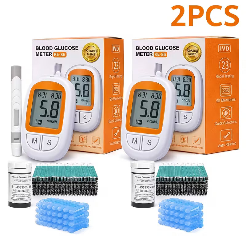 2pcs Blood Glucose Meter Kit - 2 Monitor, 2 Needle, 100 Test Strips, 100 Needles | Large Display, Quick 5-Second Results, No Coding Required, USB Power, Perfect for Home And Travel, Great Valentine's Day Home Gift