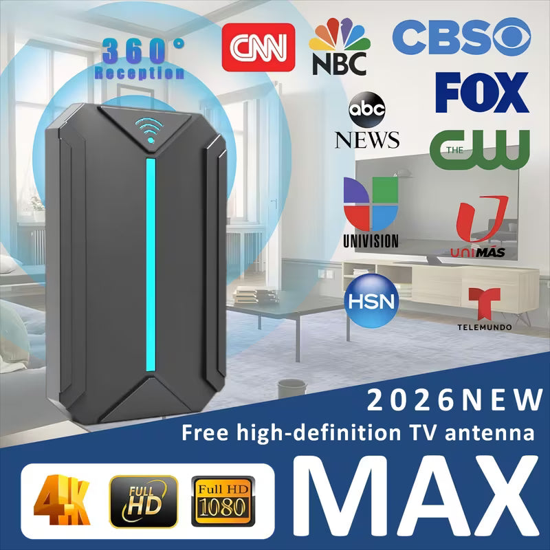 A one-time investment allows you to receive local TV channels permanently for free, no internet required. It features 360° signal reception and long-distance signal reception mode, with no monthly fees or contracts. It supports 1080P/4K/8K and is a