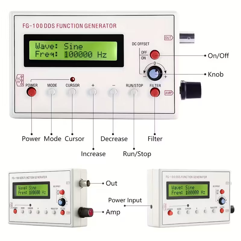 FG-100 DDS Signal Generator with Frequency Counter - 1Hz to 500KHz, Sine/Square/Triangle/Sawtooth Waveforms, USB Powered, Portable Design for Electronics Testing, Signal Source Module
