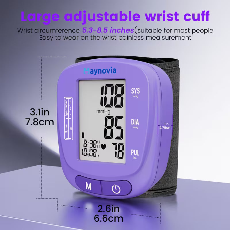 Maynovia Wrist Blood Pressure Monitor, Oximeter Fingertip, Home Medical Products, Digital Blood Pressure Monitor, Fully Automatic Home Hypertension Machine with Adjustable Cuff, Supports 120 Reading Memories, Comes with Portable Case And Battery