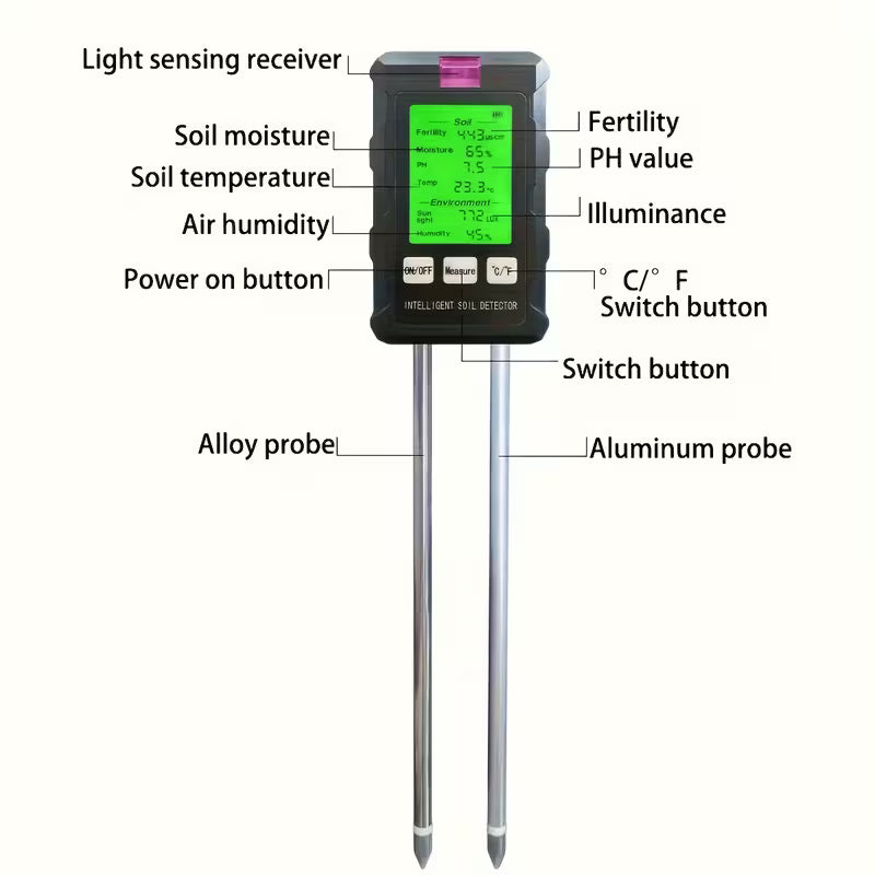 6-In-1 Multifunctional Soil Analyzer, Temperature, Light, Ph, And Humidity Measuring Tool
