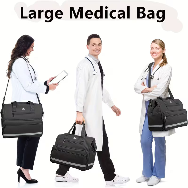 Large Medical Bag That Is Water-Resistant, Featuring Multiple Pockets for Nursing Purposes. This Portable Clinical Bag Is Ideal for Home Health Visits And Makes a Great Gift for Doctors And Nurses. Available in Black