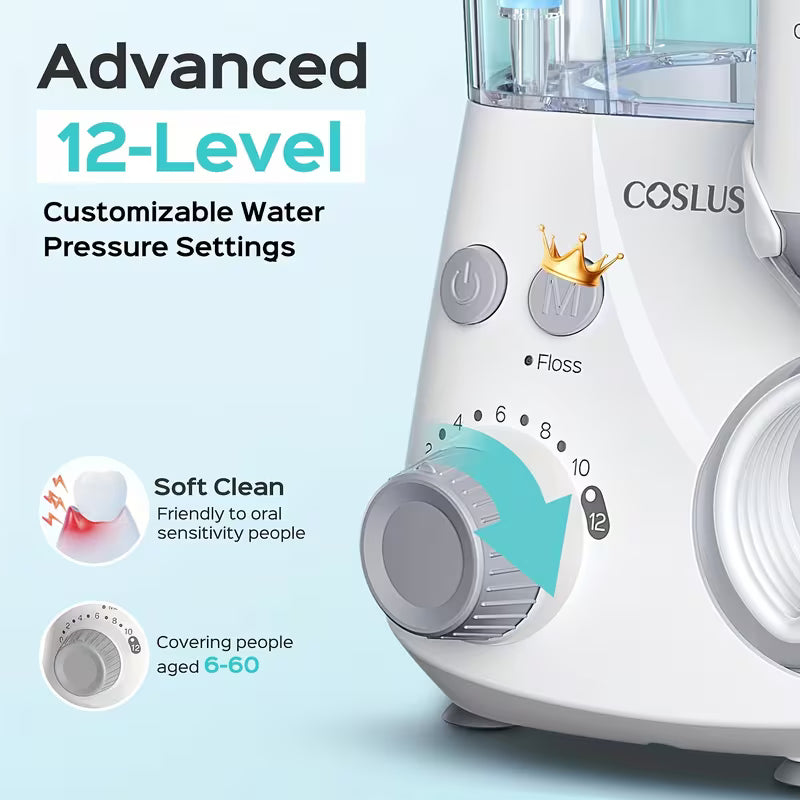 COSLUS EX20 Professional Water Flosser for Teeth: 2 Modes And 12 Pressure Settings Electric Dental Pick for Orthodontic, Braces, Sensitive Gums - Home Use, for Multiple Users, Family