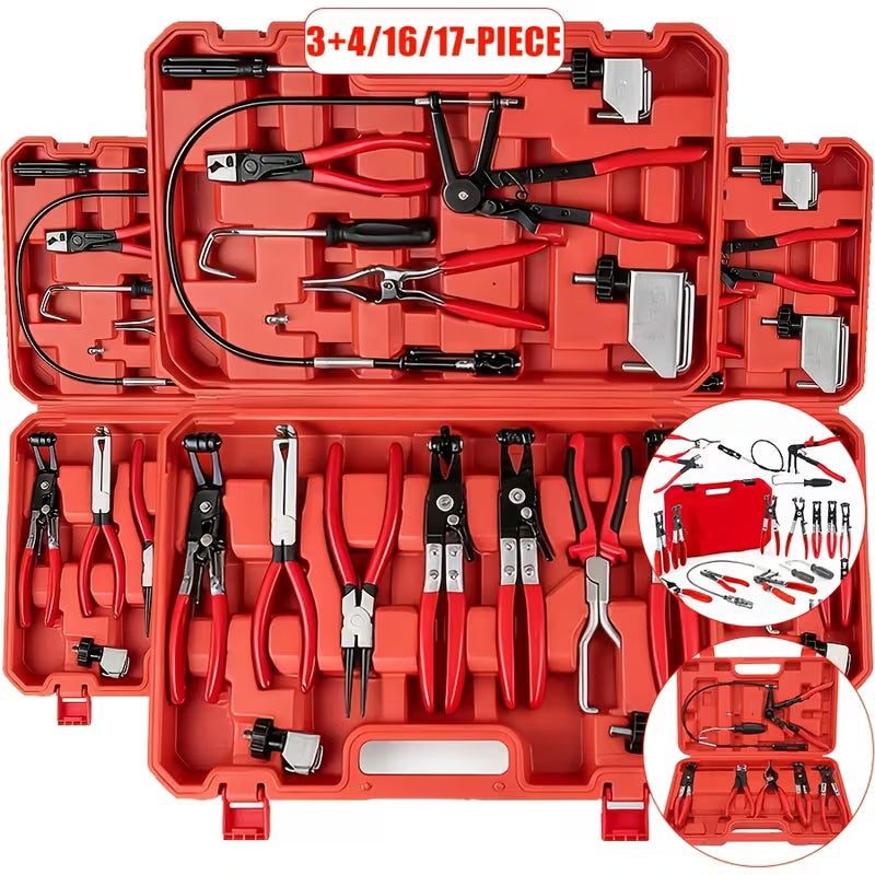 3+4/16/17pcs Hose Clamp Set, Long-handled Hose Clamp Tool Remover, Suitable For Water Pipes And Car Radiator Coolant, Hose Clamp Removal And Installation Tool Kit, Hose Clamp Set, Radiator Hose Clamp Pliers, High-quality Hose Clamp Set