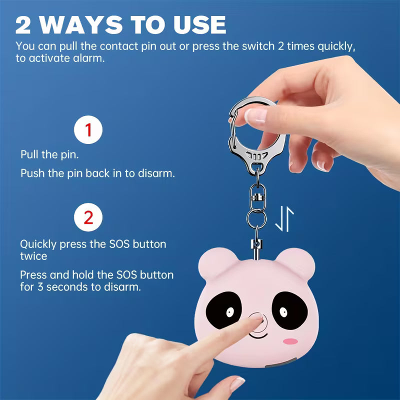 130dB Safety Alarm - Rechargeable Portable personal alarm - Cute Panda Backpack Keychain Pendant SOS Distress Device, Two alarm modes, 3 colors