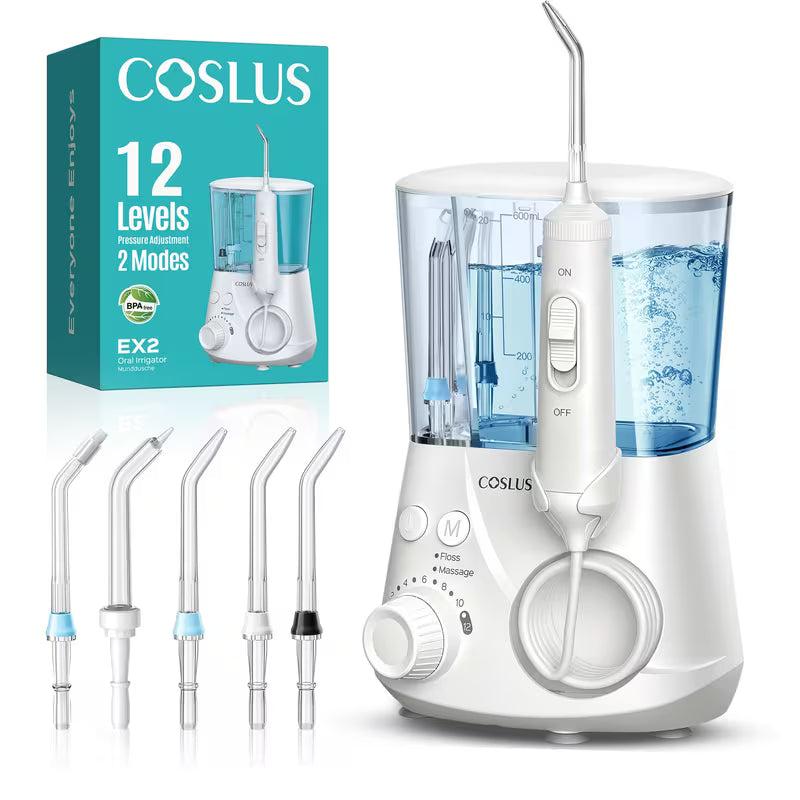 COSLUS EX20 Professional Water Flosser for Teeth: 2 Modes And 12 Pressure Settings Electric Dental Pick for Orthodontic, Braces, Sensitive Gums - Home Use, for Multiple Users, Family