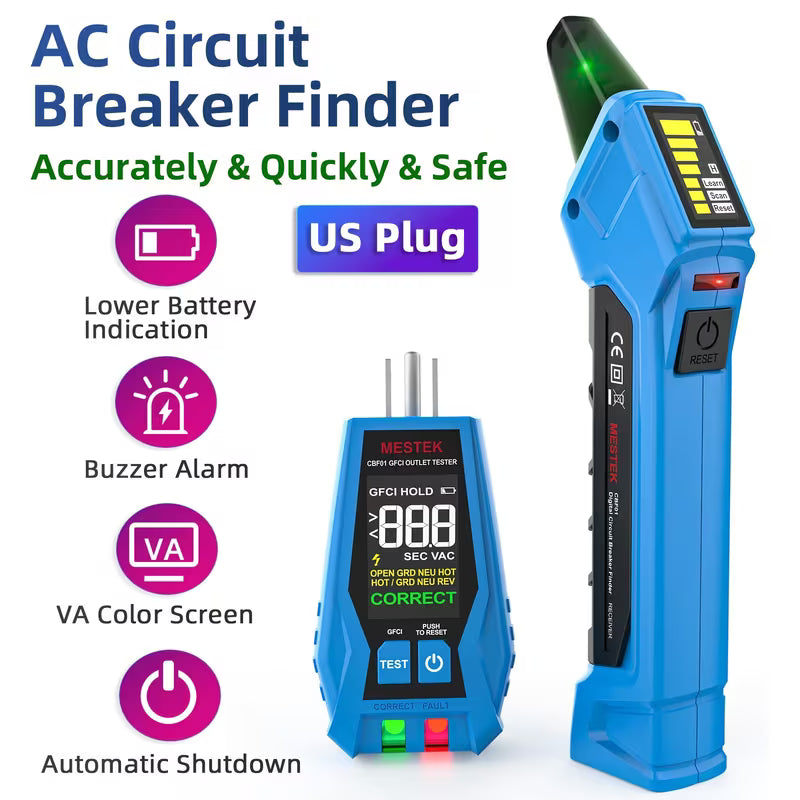 CBF01 2-IN-1 Circuit Breaker Finder, Electric Tester AC 120V Detect Common Wire Faults, US Plug GFCI Outlet Tester, Outlet Meter Lock Indicator with LED Display, Electrical Circuit Tracer Tool, Circuit Breaker Fuse Quick Recognizer, No Battery
