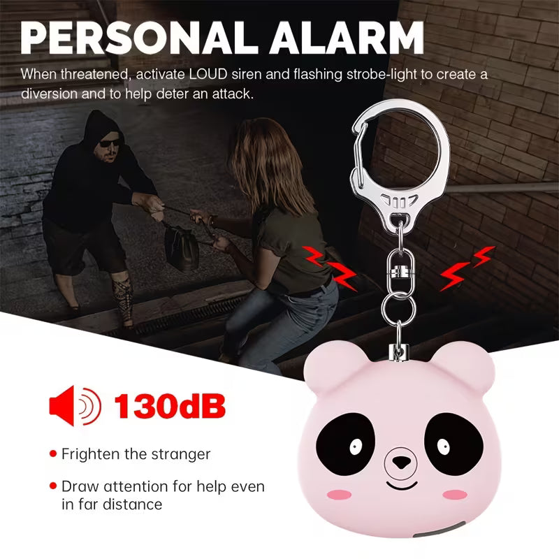 130dB Safety Alarm - Rechargeable Portable personal alarm - Cute Panda Backpack Keychain Pendant SOS Distress Device, Two alarm modes, 3 colors