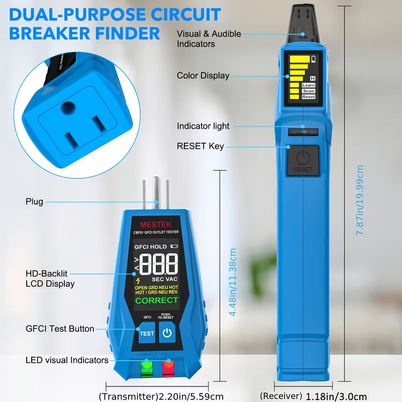 CBF01 2-IN-1 Circuit Breaker Finder, Electric Tester AC 120V Detect Common Wire Faults, US Plug GFCI Outlet Tester, Outlet Meter Lock Indicator with LED Display, Electrical Circuit Tracer Tool, Circuit Breaker Fuse Quick Recognizer, No Battery