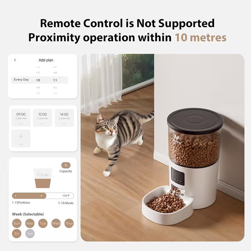 Automatic Cat Feeder 101.44oz - Smart Pet Food Dispenser with Wireless App Control (Up to 787.4 inch), Timed Programmable Portion Control, Dual Power Backup, Easy Setup, 10 Meals/Day for Cats And Puppies (No Wifi Required)