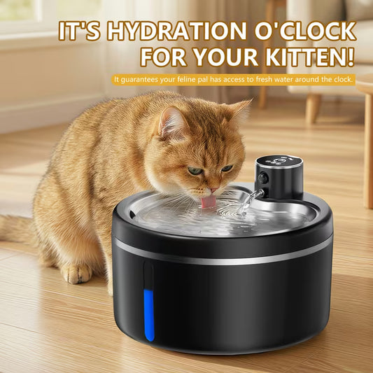 84.54oz Cordless Stainless Steel Basin Cat Water Fountain, Rechargeable Battery Operated Pet Waterer with Motion Sensor & 2 Filters