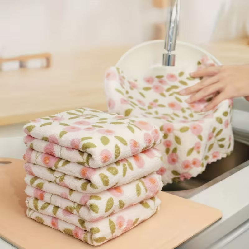 7 Coral Cleaning Cloths - Highly Absorbent and Quick-Drying Towels, Soft Multi-Purpose for Kitchen, Bathroom, Glass, Car, and Wet Wipes - Pink and Golden Coral Pattern, Coral Cloths Suitable for 40 to 80 Holidays