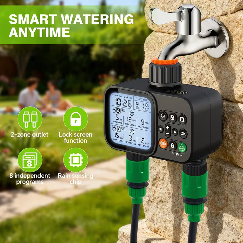 Smart Water Timer for Garden Hose - 2 Zone Sprinkler Timer with Rain Delay/Manual Watering/Automatic Irrigation for Yard Lawn