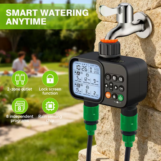 Smart Water Timer for Garden Hose - 2 Zone Sprinkler Timer with Rain Delay/Manual Watering/Automatic Irrigation for Yard Lawn