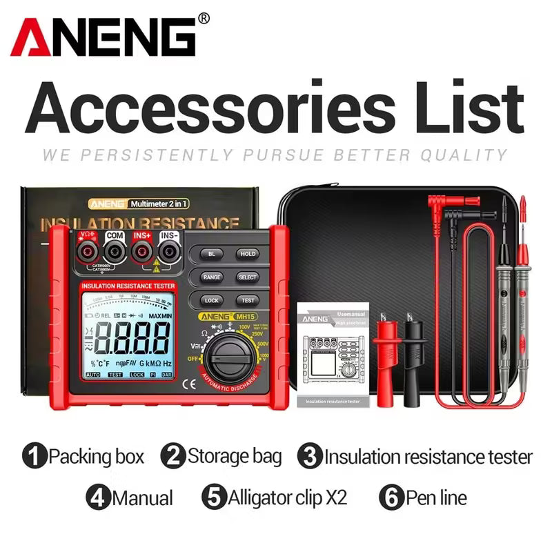 ANENG MH15 Digital Ohm meter Insulation Resistance Meter 6000 Counter Resistance tester Capacitance Tester Megohm meter High voltage tool no battery