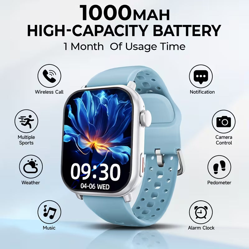 Smart Watch with 1000 Mah Large Battery, for long Battery Life, 1.83 Inch HD Touch Screen, Built-In Speaker, Multiple Sports Modes, Wireless Calling, Message Notification, Music Player, High-Quality Smart Watch Suitable for Men And Women