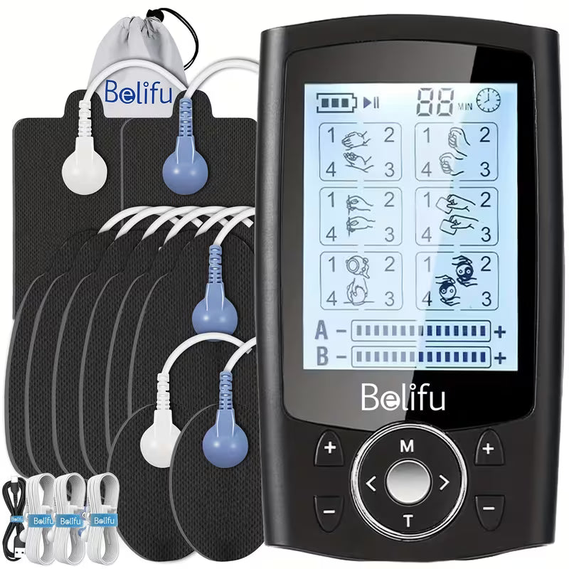 Belifu TENS+ EMS 24-In-1 Muscle Stimulator Relieves Body Fatigue, Back Pain, Neck Pain, Carpal Tunnel Pain, Arthritis, And Foot Pain Rechargeable Portable Stimulator for Home Office Travel Perfect Gift for Your Family And Loved Ones!