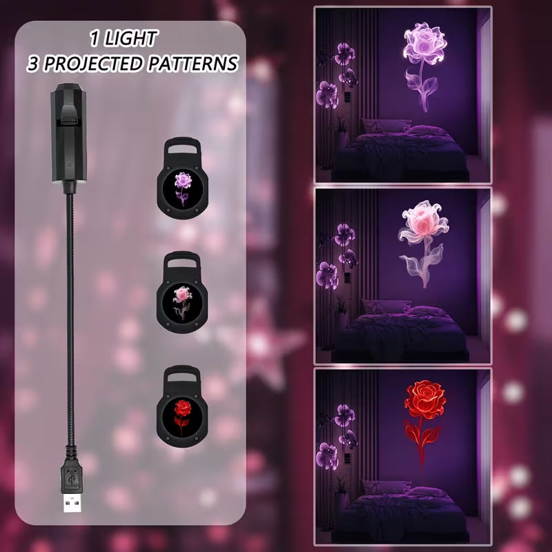 Dreamy Floral Pattern Projection Light Features Three Interchangeable Patterns: Purple, Red, and Pink. It's a Decorative Ceiling Light, a Portable USB Gadget That Rotates 360°, and a Creative Holiday Gift Perfect for Creating a Romantic Atmosphere.