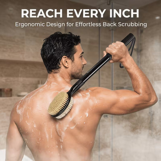 Back Scrubber with Soft and Stiff Bristles, 17''-25'' Long Handle Dual-Sided Shower Brush for Body for Deep Cleaning, Premium Dual-Sided Dry Brushing Body Brush, Natural Bristle Exfoliator with Long Handle, Spa-Quality Bath Brush for Men & Women