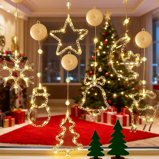 LED Christmas Window Lights Suction Cup Lights Battery Powered Fairy Lights Snowflake Star Christmas Tree Snowman Reindeer Bells Hugging Star Shape Indoor Christmas String Lights