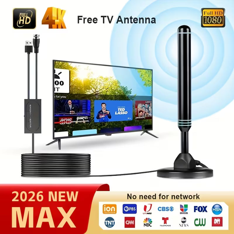2026 Metal Long-Distance Signals Receive High-Definition 4K TV Antenna, 180-Mile TV Channel Signal Reception, One-Button Long-Distance Signal Reception Mode, USB, Complete Additions, Free TV, Suitable for Smart TV, Old TV, Indoor TV Antenna