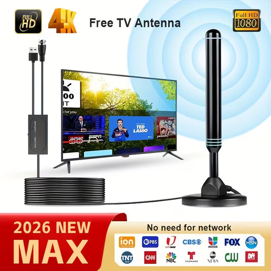 2026 Metal Long-Distance Signals Receive High-Definition 4K TV Antenna, 180-Mile TV Channel Signal Reception, One-Button Long-Distance Signal Reception Mode, USB, Complete Additions, Free TV, Suitable for Smart TV, Old TV, Indoor TV Antenna