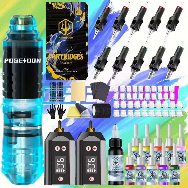 POSEIDON Tattoo V5 Tattoo Pen Kit - POSEIDON Battery Tattoo Pen with Extra Battery 1400mAh, Tattoo Gun Kit with Tattoo Power Supply And 10pcs Tattoo Cartridge Needles, Complete Tattoo Kit 11 Color Tattoo Inks Tattoo Supplies for Beginners