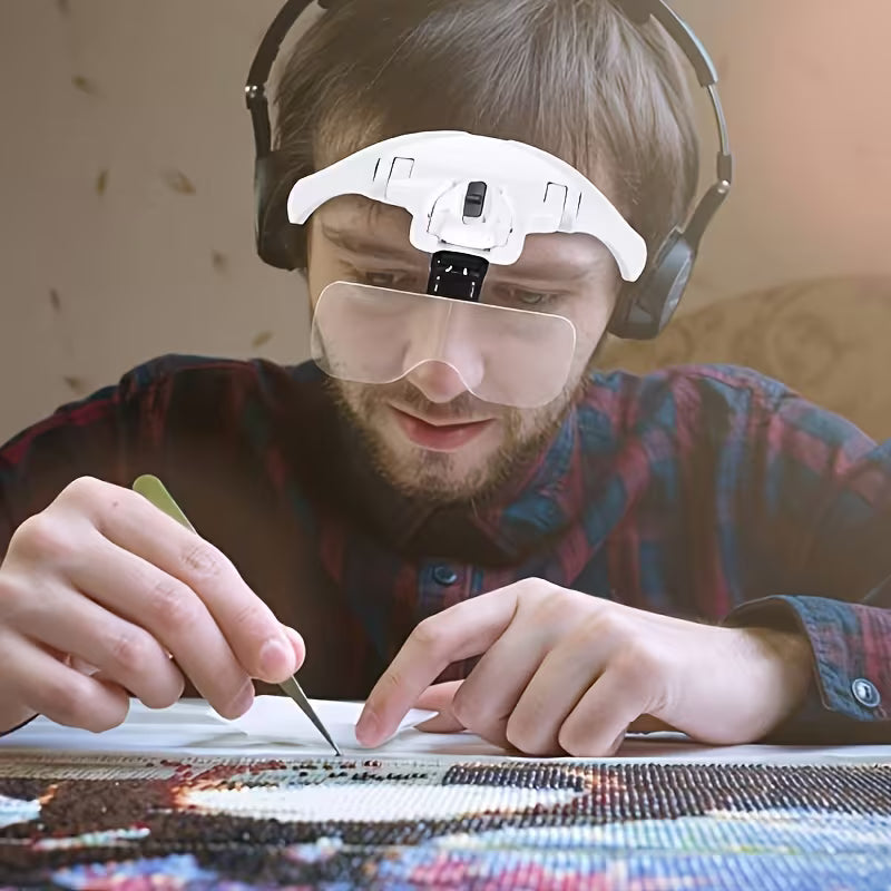 Head-Mounted Magnifier with LED Illumination, Model Making Magnifier. Adjustable Headband, 5 Interchangeable Lenses 1.0X/ 1.5X/ 2.0X/ 2.5X/ 3.5X for Reading, Maintenance, Jewelry Processing, Electronics Maintenance