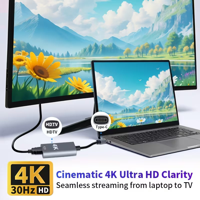 USB-C to HDTV Adapter, 4K@30 High-Definition Adapter Cable, Suitable for Full-Featured Type-C Interfaces with DP Video Output Mode, Not Compatible with Charging-Solely Interfaces, Plug-And-Play Video Converter
