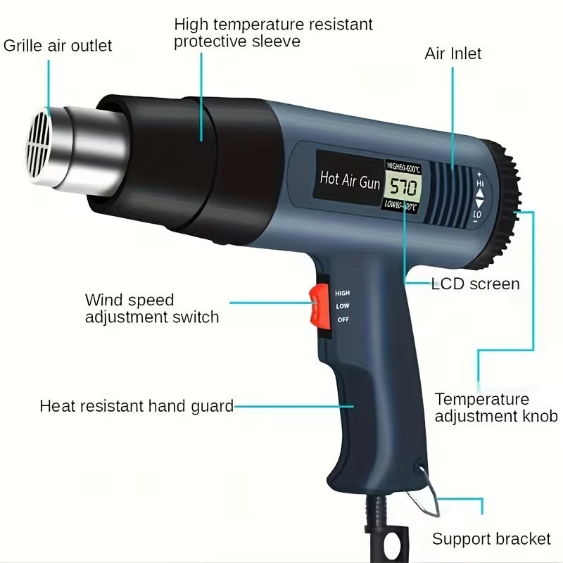 2500W Heat Gun Hot Air Gun Dual Temperature Settings 352°F-1202°F Fast Heating Hot Air Gun Electric Hand Tool for Bending, Forming, Plastic Drying, Thawing, Handicrafts And Shrinking PVC, Peeling Paint