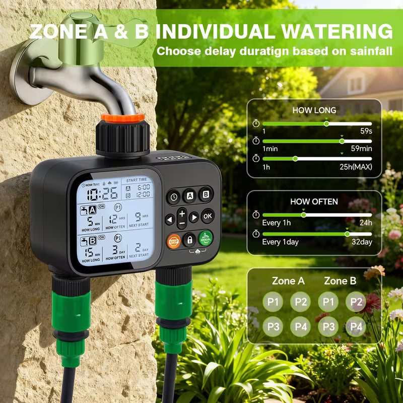 Smart Water Timer for Garden Hose - 2 Zone Sprinkler Timer with Rain Delay/Manual Watering/Automatic Irrigation for Yard Lawn
