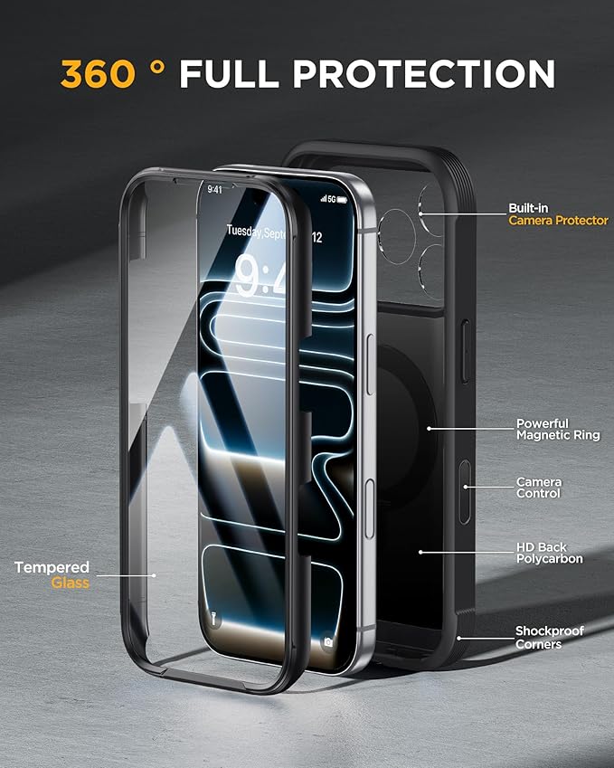 Miracase for iPhone 17 Pro Max Case with 360° Magnetic Ring Stand [Compatible with Magsafe] Full-Body Drop Proof Bumper Phone Case with Built-in 9H Tempered Glass Screen Protector,Black
