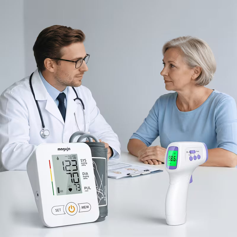 MAGUJA 2 in 1 Device for Measuring Blood Pressure And Forehead Temperature, Featuring an Automatic Upper Arm Blood Pressure Monitor with a Memory Capacity of 2*60 Readings, an Adjustable Cuff Size Ranging from 8.66 to 16.54 Inches