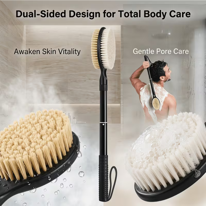 Back Scrubber with Soft and Stiff Bristles, 17''-25'' Long Handle Dual-Sided Shower Brush for Body for Deep Cleaning, Premium Dual-Sided Dry Brushing Body Brush, Natural Bristle Exfoliator with Long Handle, Spa-Quality Bath Brush for Men & Women