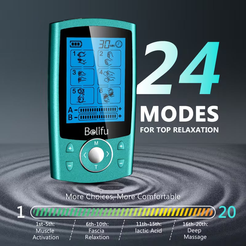 Belifu TENS+ EMS 24-In-1 Muscle Stimulator Relieves Body Fatigue, Back Pain, Neck Pain, Carpal Tunnel Pain, Arthritis, And Foot Pain Rechargeable Portable Stimulator for Home Office Travel Perfect Gift for Your Family And Loved Ones!