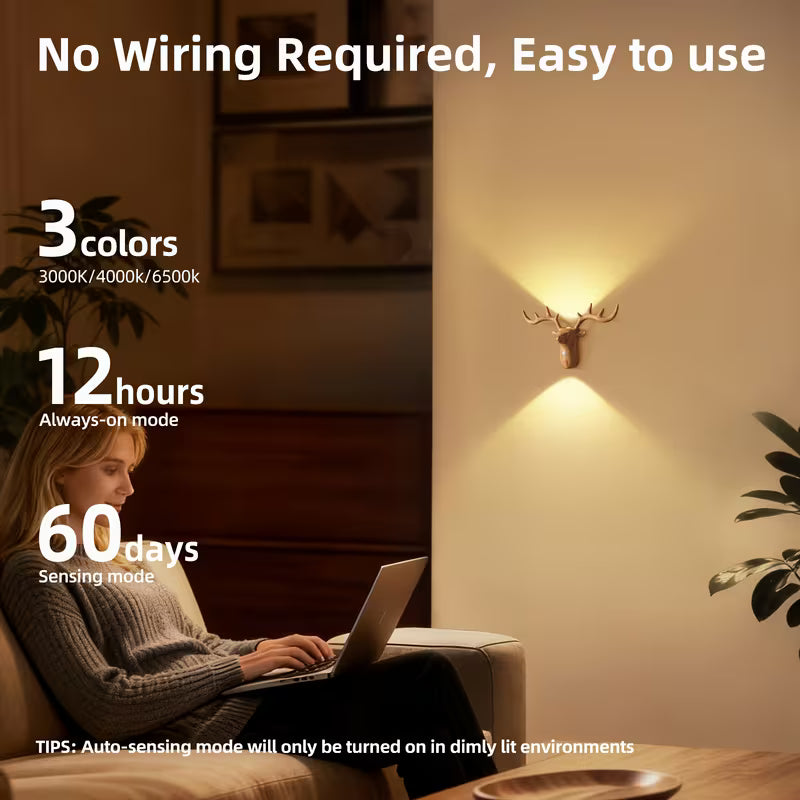 Smart LED Deer Wall Lamp with Touch Dimming and Motion Sensor, 1200mAh USB Rechargeable Night Light, Wireless Magnetic Wall Light, Suitable for Stairs, Porch, Corridor, Cabinets, Living Room, and Bar Cabinet