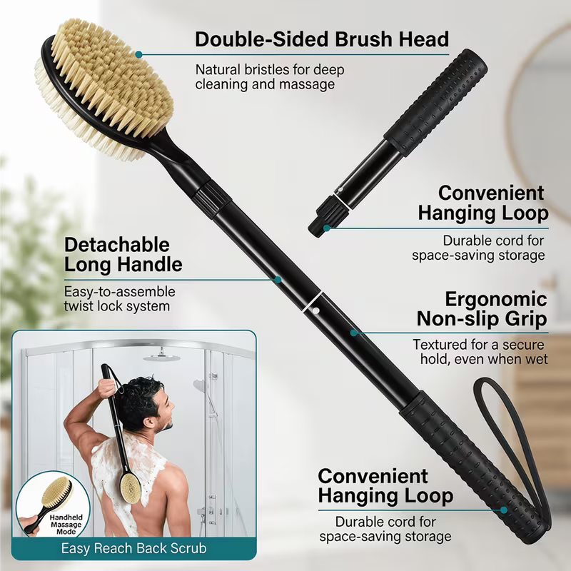 Back Scrubber with Soft and Stiff Bristles, 17''-25'' Long Handle Dual-Sided Shower Brush for Body for Deep Cleaning, Premium Dual-Sided Dry Brushing Body Brush, Natural Bristle Exfoliator with Long Handle, Spa-Quality Bath Brush for Men & Women