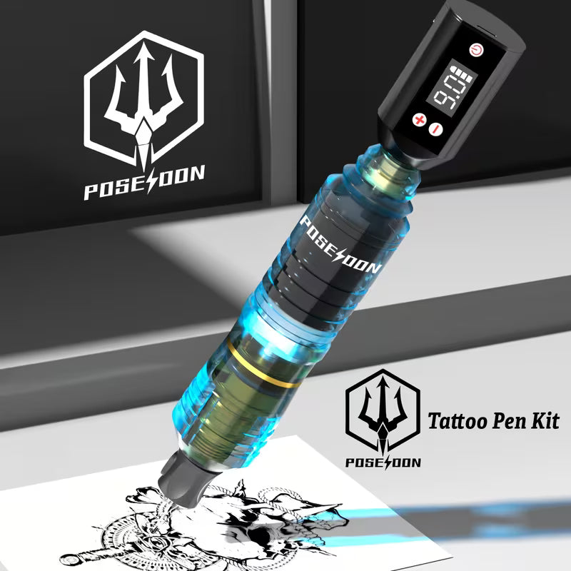POSEIDON Tattoo V5 Tattoo Pen Kit - POSEIDON Battery Tattoo Pen with Extra Battery 1400mAh, Tattoo Gun Kit with Tattoo Power Supply And 10pcs Tattoo Cartridge Needles, Complete Tattoo Kit 11 Color Tattoo Inks Tattoo Supplies for Beginners
