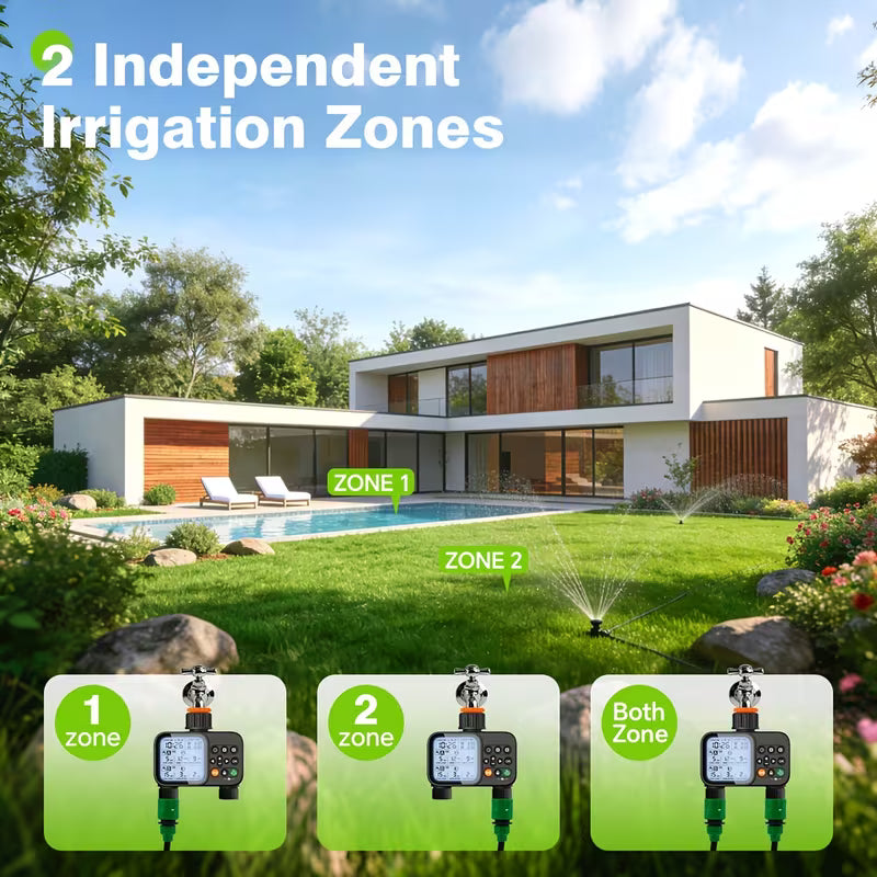 Smart Water Timer for Garden Hose - 2 Zone Sprinkler Timer with Rain Delay/Manual Watering/Automatic Irrigation for Yard Lawn