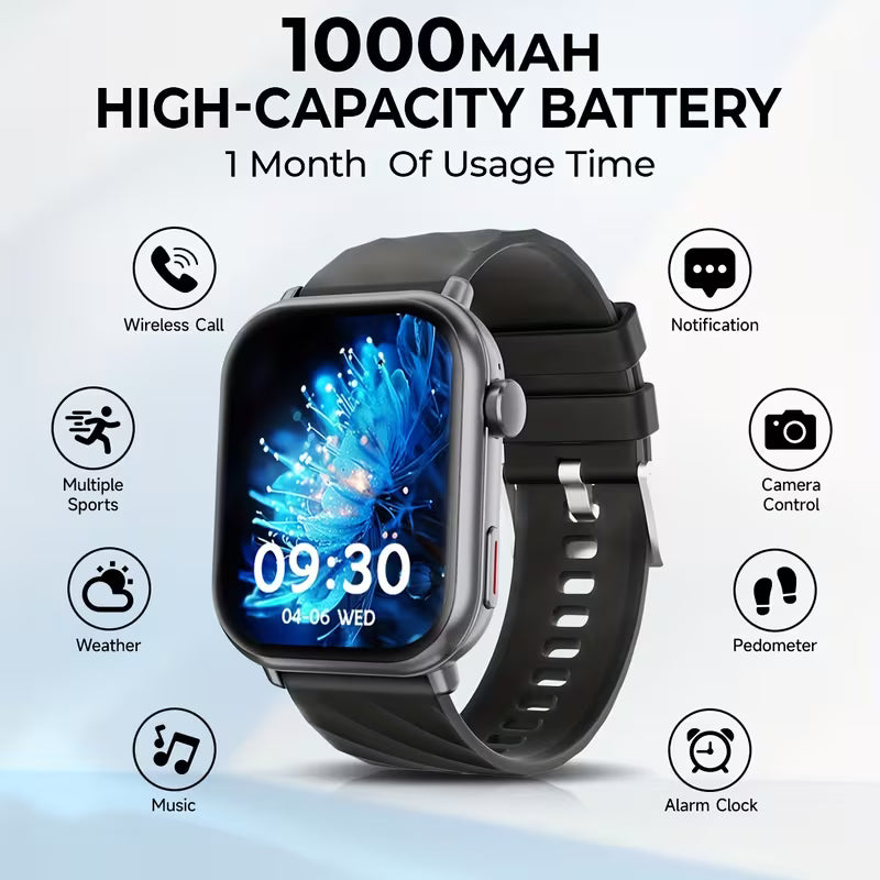 Smart Watch with 1000 Mah Large Battery, for long Battery Life, 1.83 Inch HD Touch Screen, Built-In Speaker, Multiple Sports Modes, Wireless Calling, Message Notification, Music Player, High-Quality Smart Watch Suitable for Men And Women